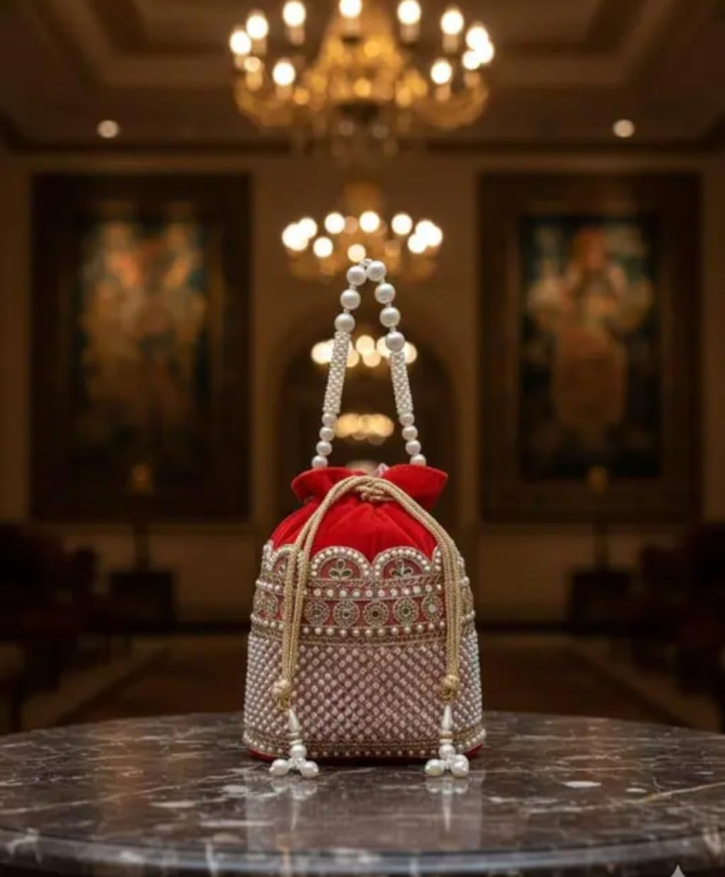 Red Velvet Potli Bag with Pearl Beaded Handle, Embellished Bridal Clutch, Indian Wedding Purse