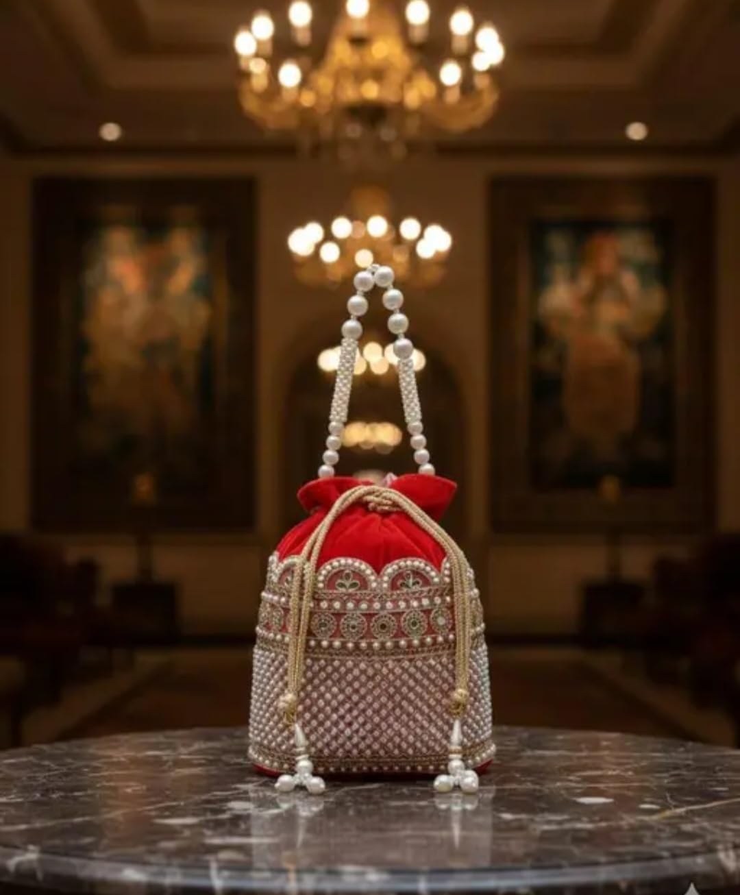 Red Velvet Potli Bag with Pearl Beaded Handle, Embellished Bridal Clutch, Indian Wedding Purse
