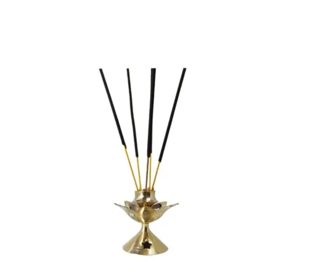 Brass Incense Holder and Burner Set, Traditional Lotus Design, Gold Finish, Decorative Metal Stand for Sticks, Home Temple Accessories