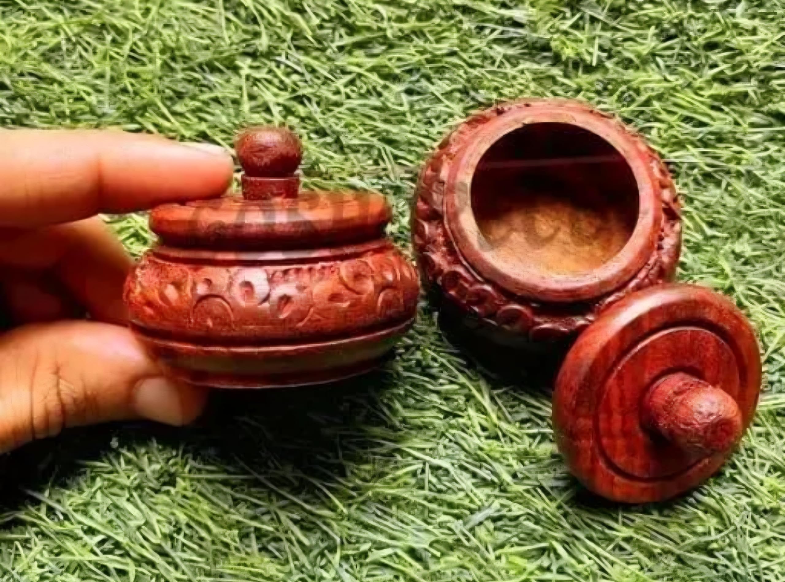 Handcrafted Wooden Sindoor Box with Lid, Red Interior, Carved Design, Traditional Indian Kumkum Container
