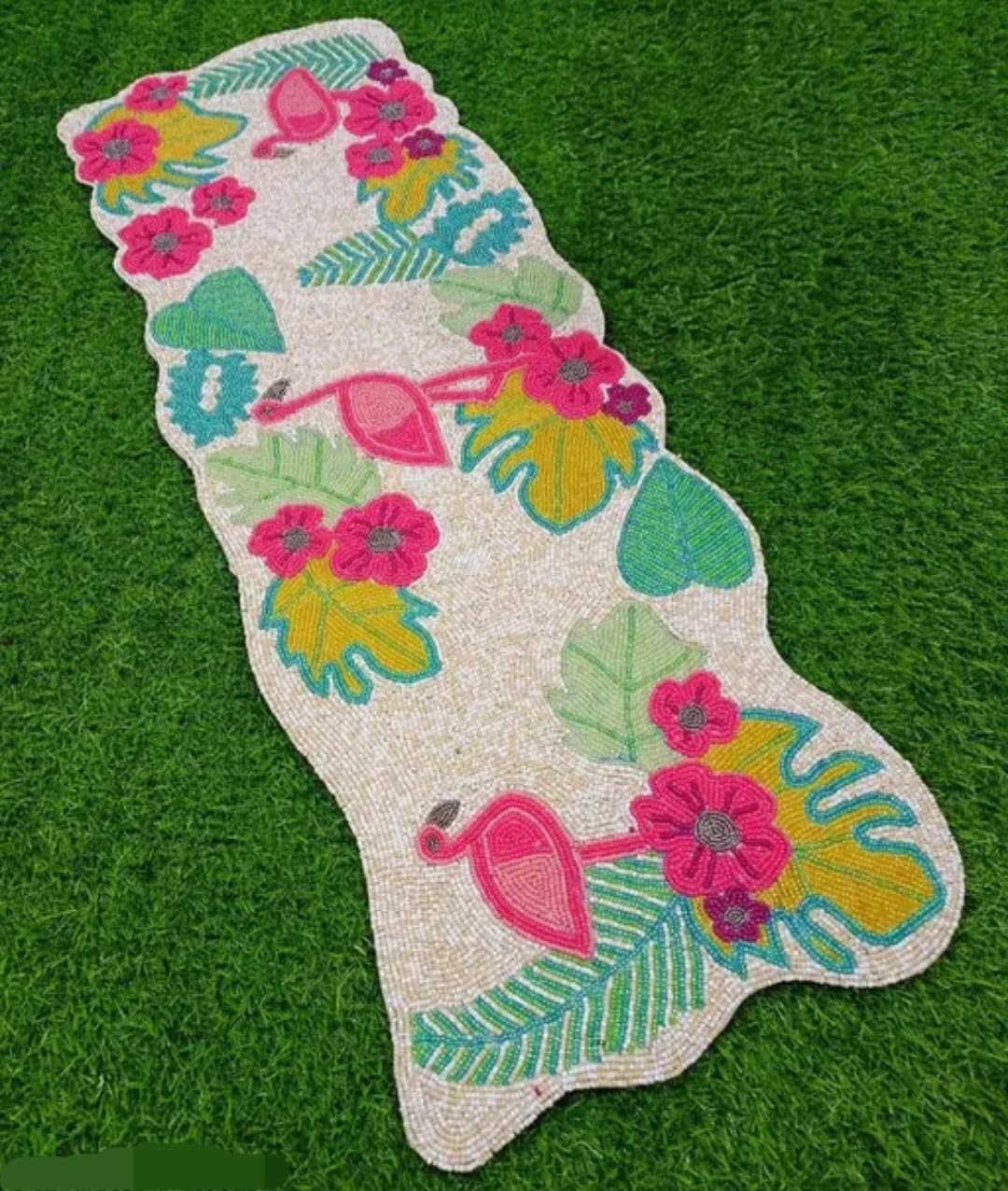 Beaded Table Runner, Tropical Flamingo Design, Multicolor Floral and Leaf Pattern