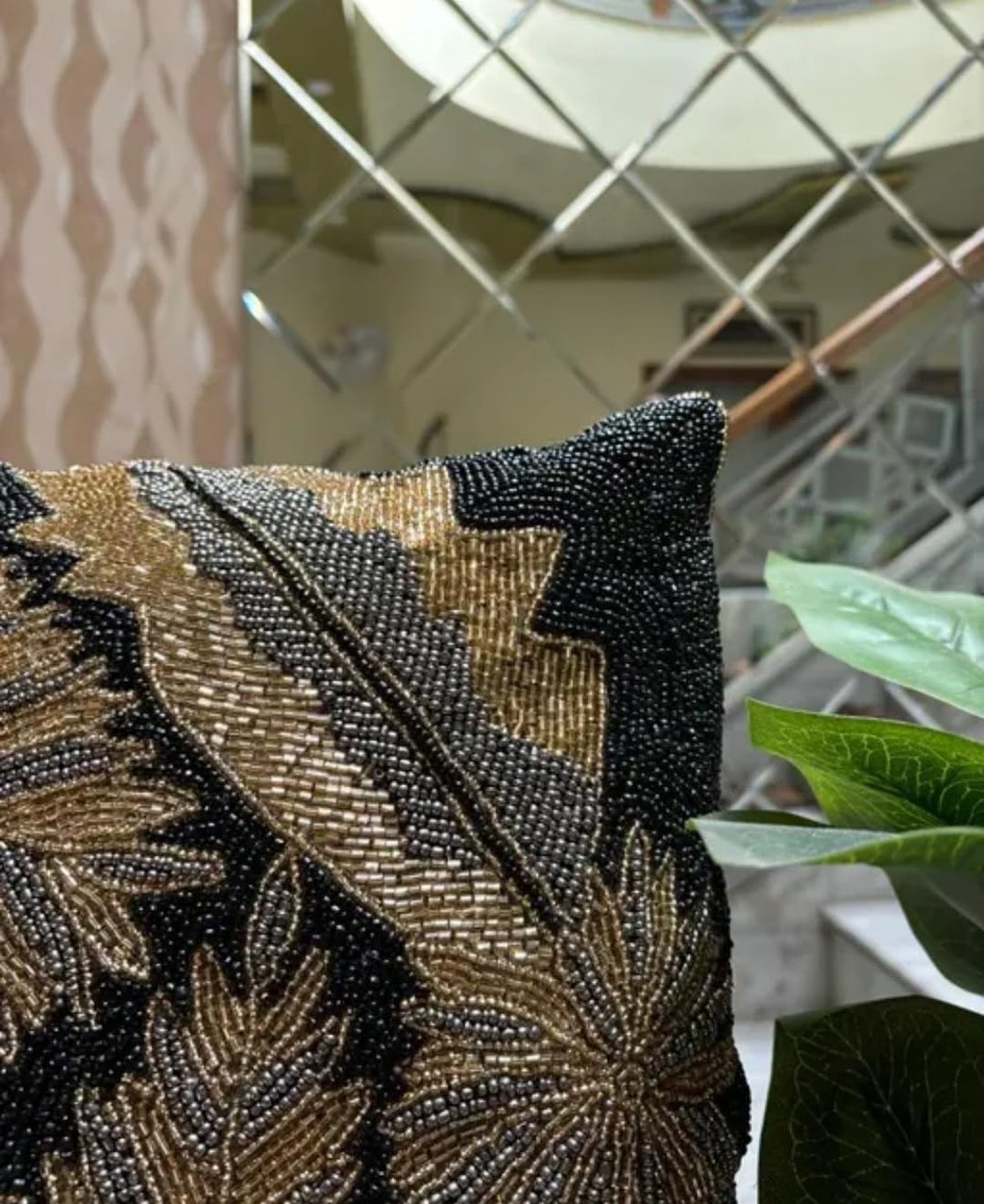 Beaded Throw Pillow Cover, Black and Gold, Tropical Leaf Design, Decorative Cushion Cover, Handmade