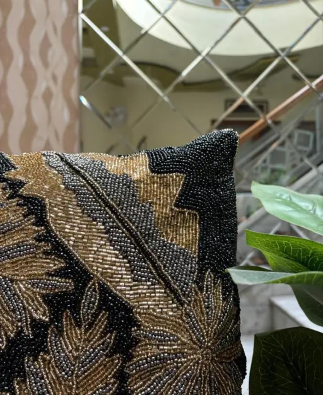 Beaded Throw Pillow Cover, Black and Gold, Tropical Leaf Design, Decorative Cushion Cover, Handmade