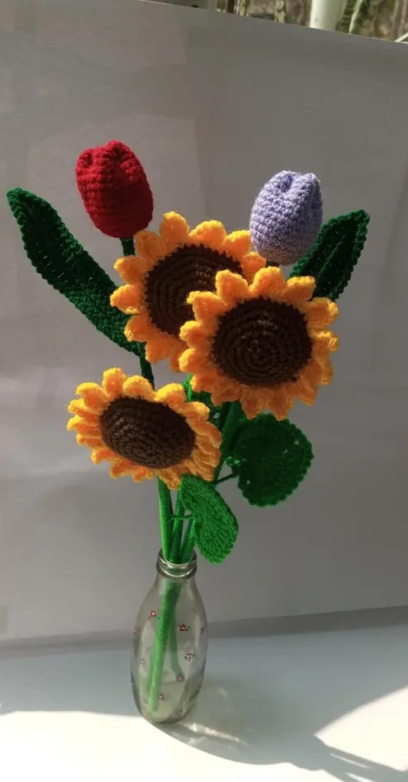 Handmade Crochet Flower Bouquet, Sunflowers and Tulips, Knitted Yarn, Home Decor