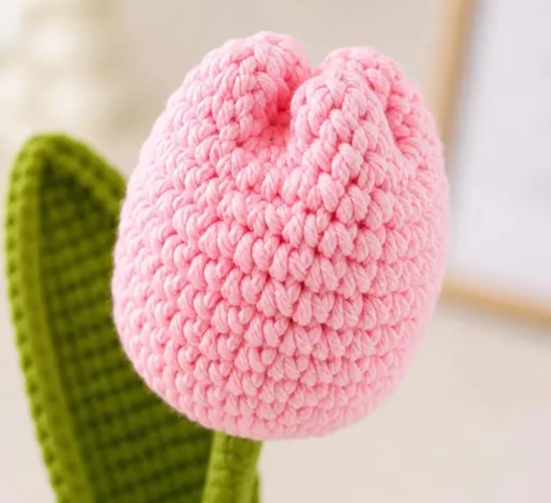 Handmade Crochet Tulip Bouquet, Knitted Artificial Flowers, Pink, White & Yellow, Gift Wrapped with Ribbon