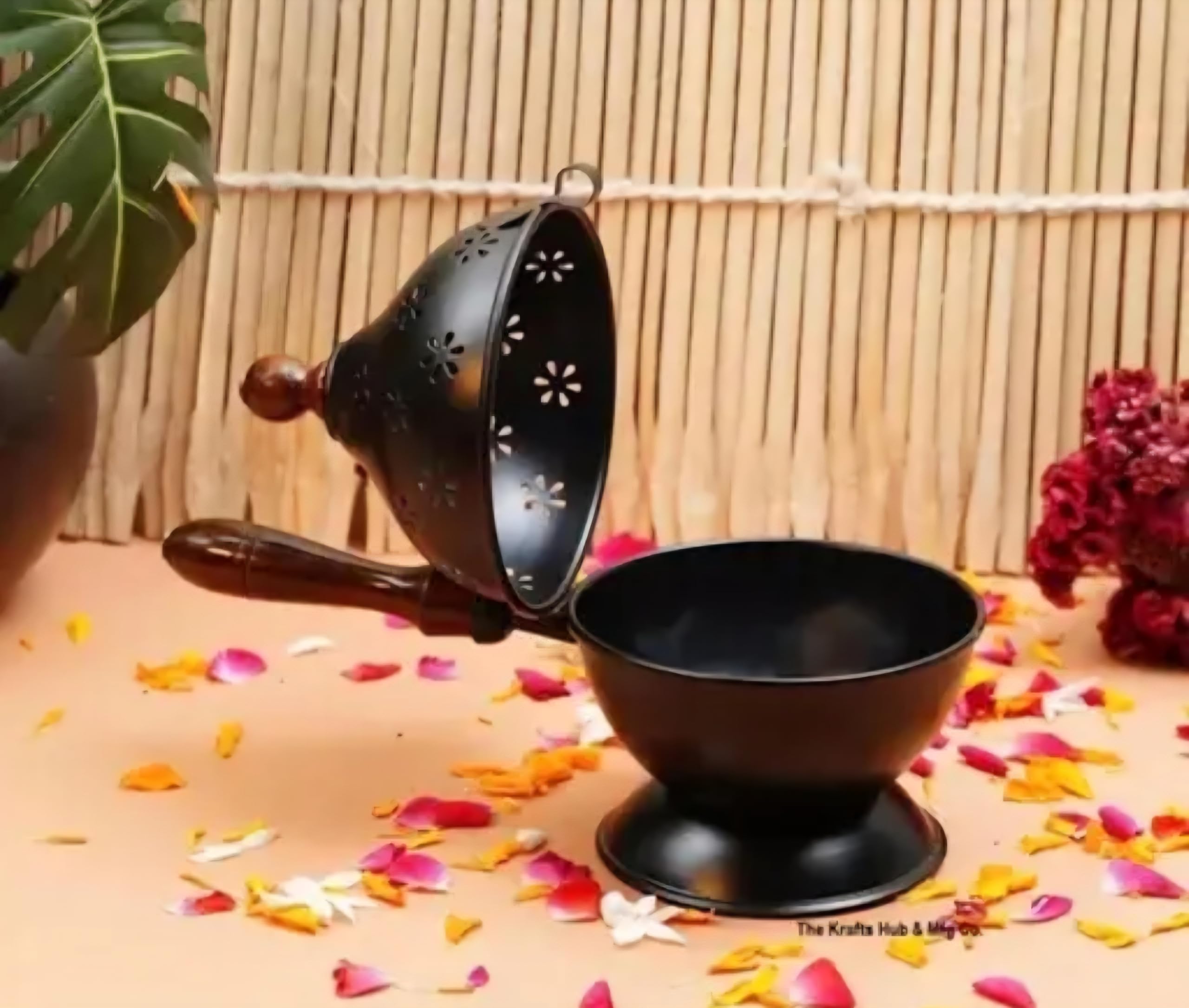 Iron Incense Burner with Wooden Handle, Black, Floral Cutwork Design, Dhoop Holder on Pedestal Stand