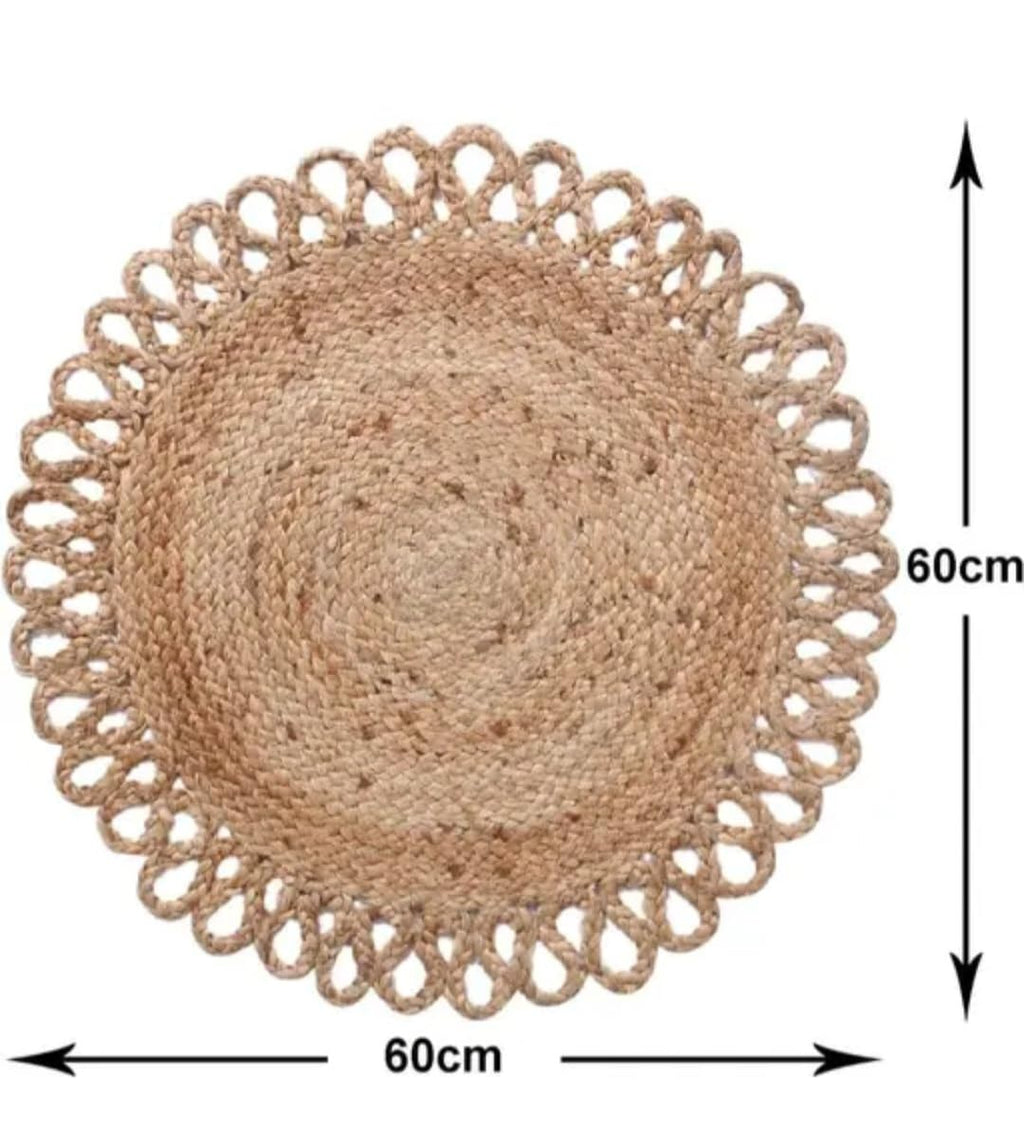 Round Jute Braided Area Rug, Natural Beige, Handwoven with Loop Border, Boho Style, for Living Room