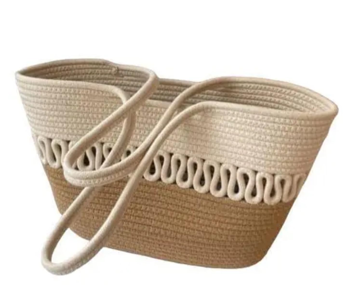 Two-Tone Woven Beach Tote Bag, Natural Jute and White Cotton, Decorative Pattern