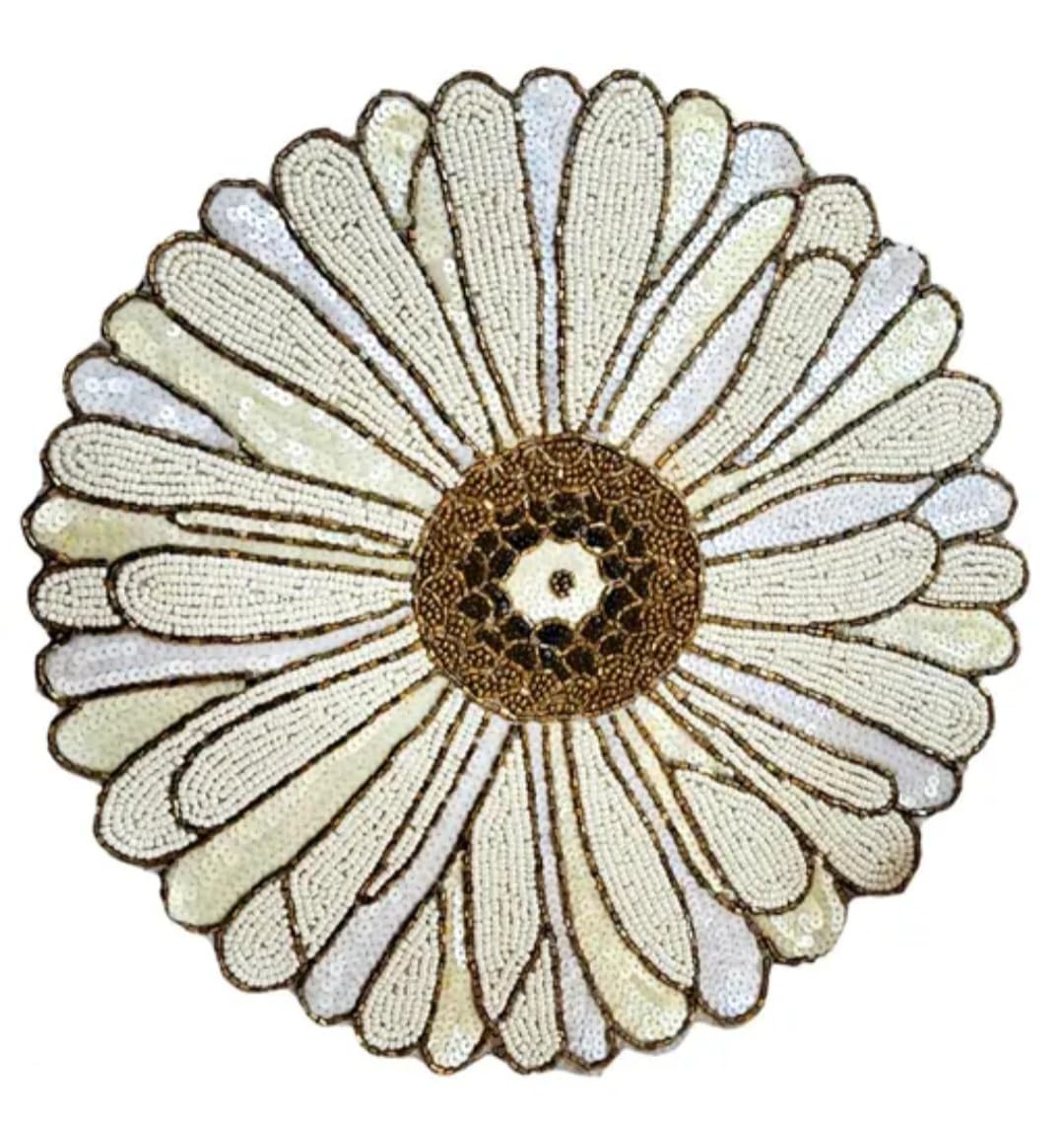Beaded Daisy Floral Placemat, White and Gold, Sequin Embellished, Round Table Decor