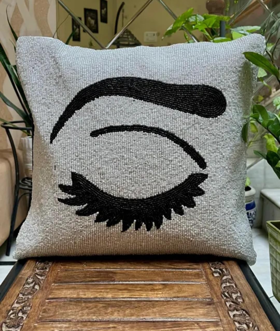 Beaded Decorative Throw Pillow Cover, Gray with Black Eyelash Design, Square Cushion Cover