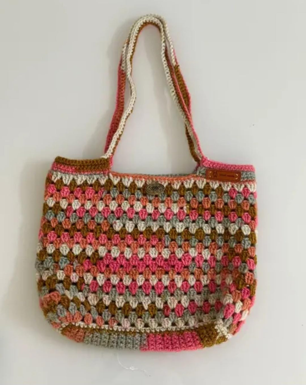 Handmade Crochet Tote Bag, Multicolor Striped, Granny Square Pattern, Shoulder Bag