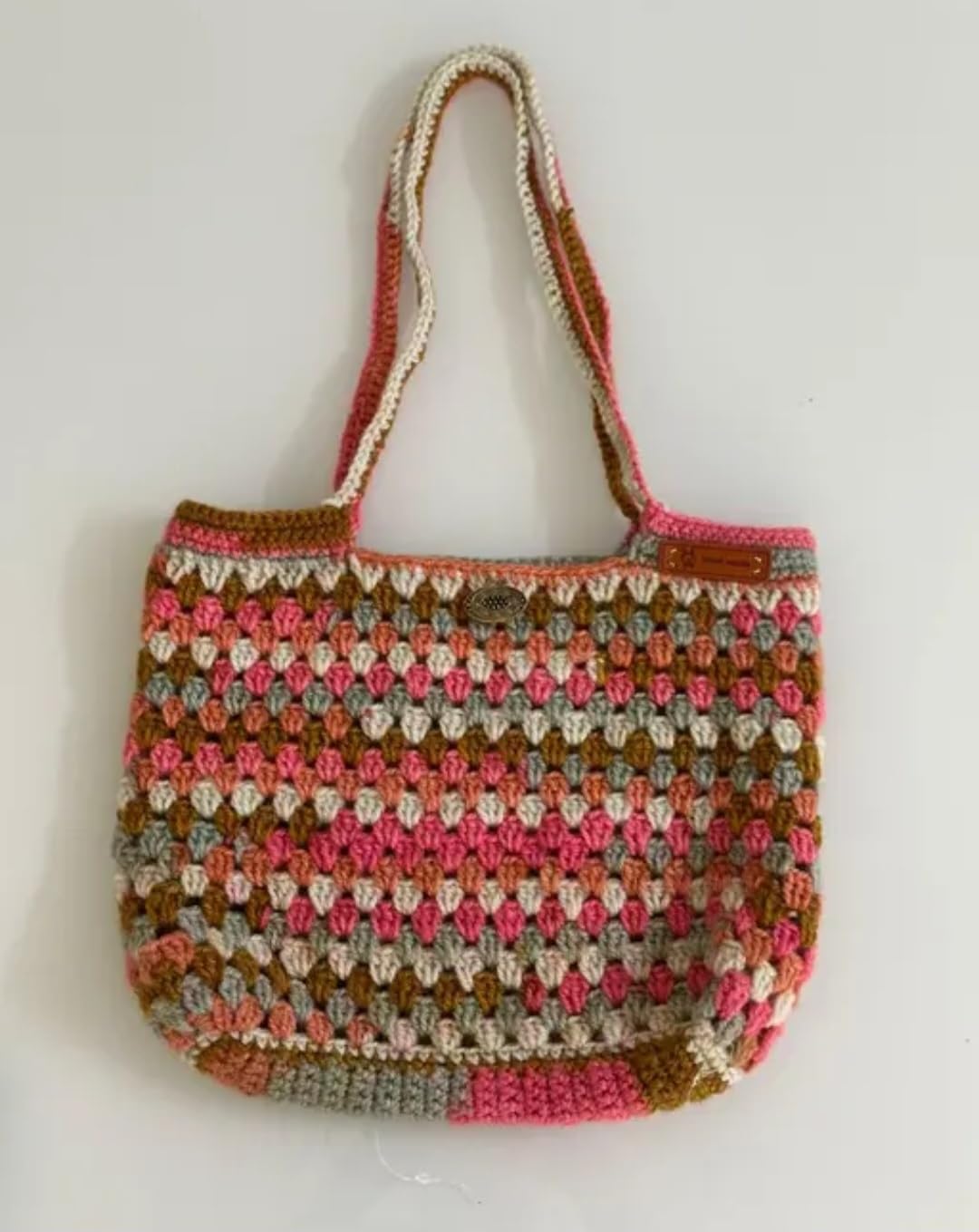 Handmade Crochet Tote Bag, Multicolor Striped, Granny Square Pattern, Shoulder Bag
