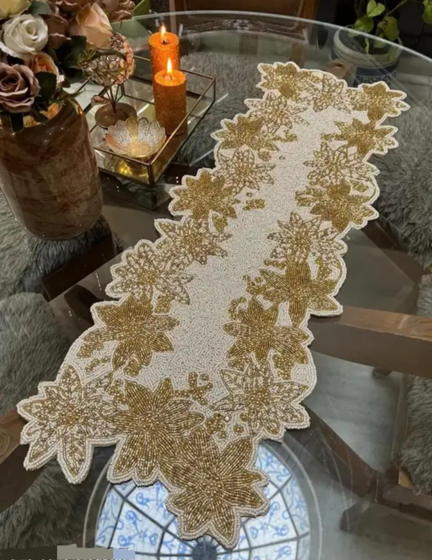 Beaded Table Runner, Gold Floral Design, White Background, Elegant Decorative Accent
