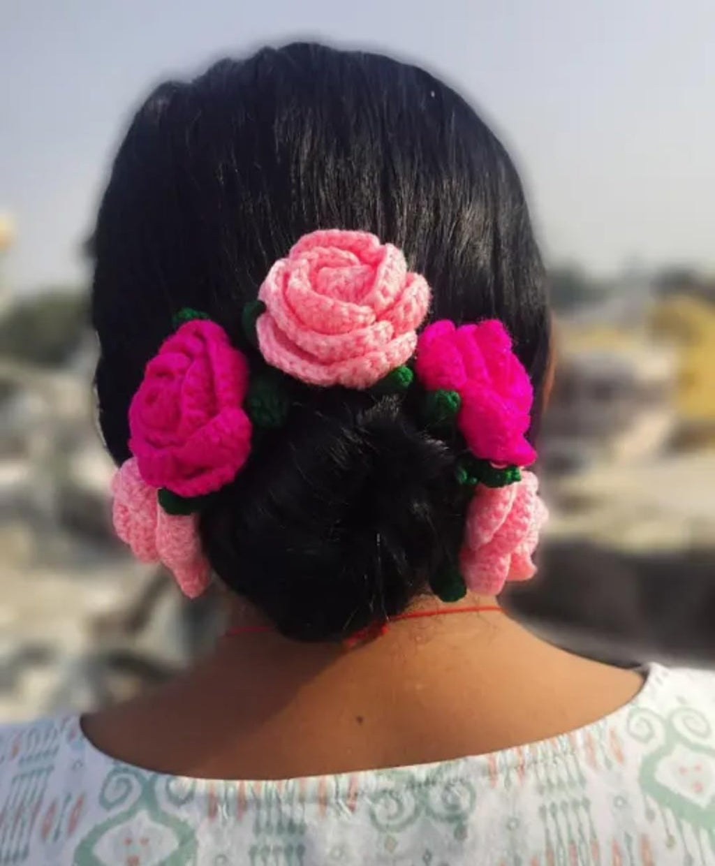 Handmade Crochet Rose Hair Accessories, Pink & Magenta Floral Bun Pins, Knitted Flower Hair Decor