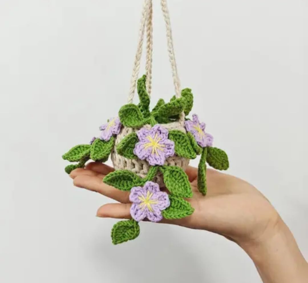 Crochet Hanging Basket Planter, Handmade Miniature Flower Pot with Purple Blooms and Green Leaves, Boho Home Decor