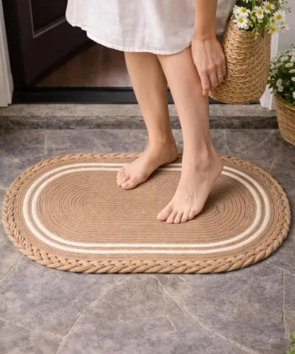 Oval Braided Doormat, Natural Tan with White Stripe, Indoor Outdoor Entryway Rug