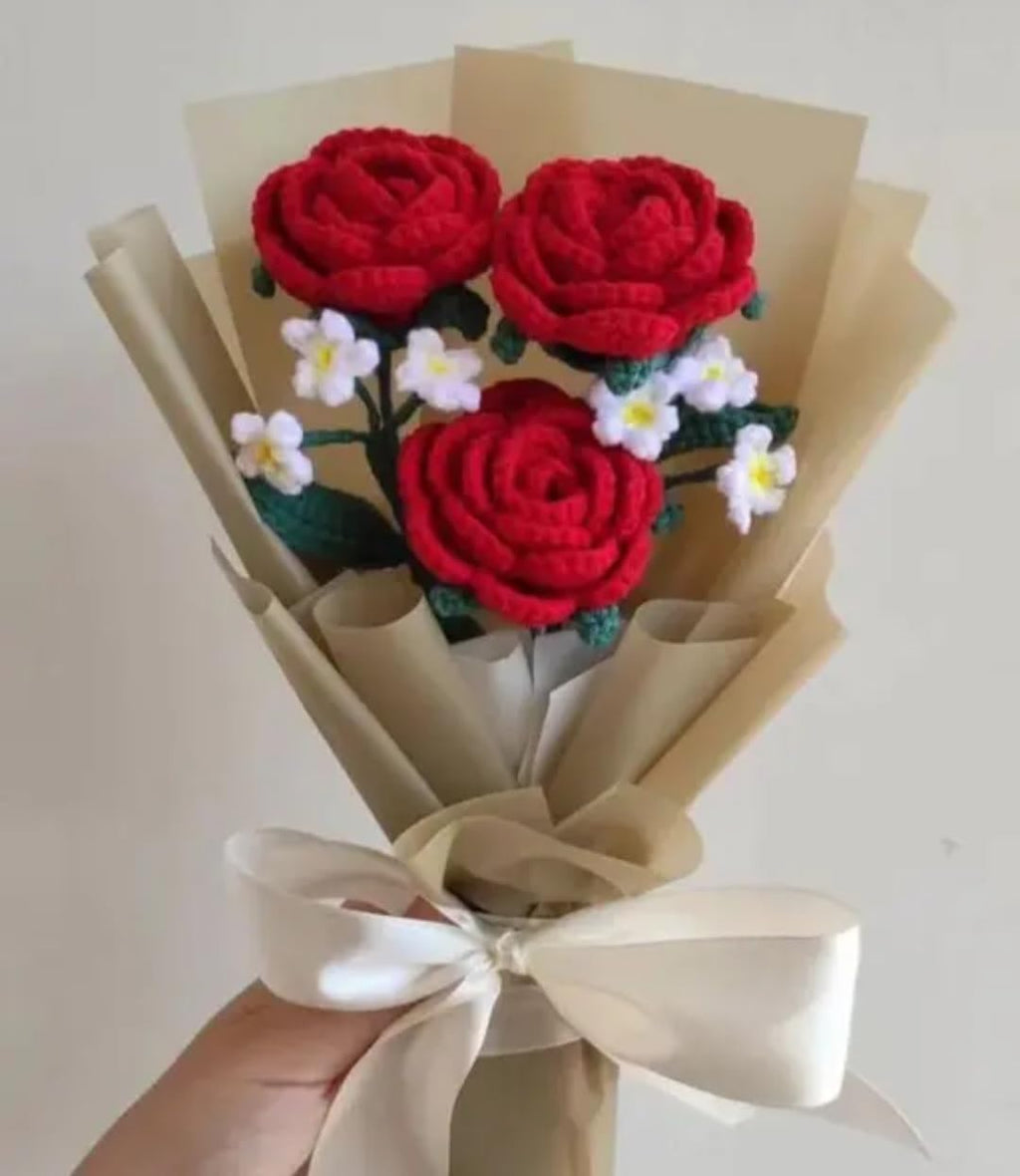 Handmade Crochet Red Rose Bouquet, Knitted Flowers with White Daisies, Gift Wrapped