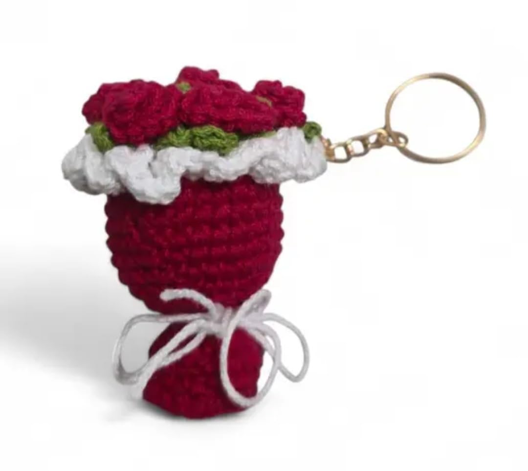 Crochet Rose Bouquet Keychain, Handmade Knit Floral Charm, Red and White, Accessory
