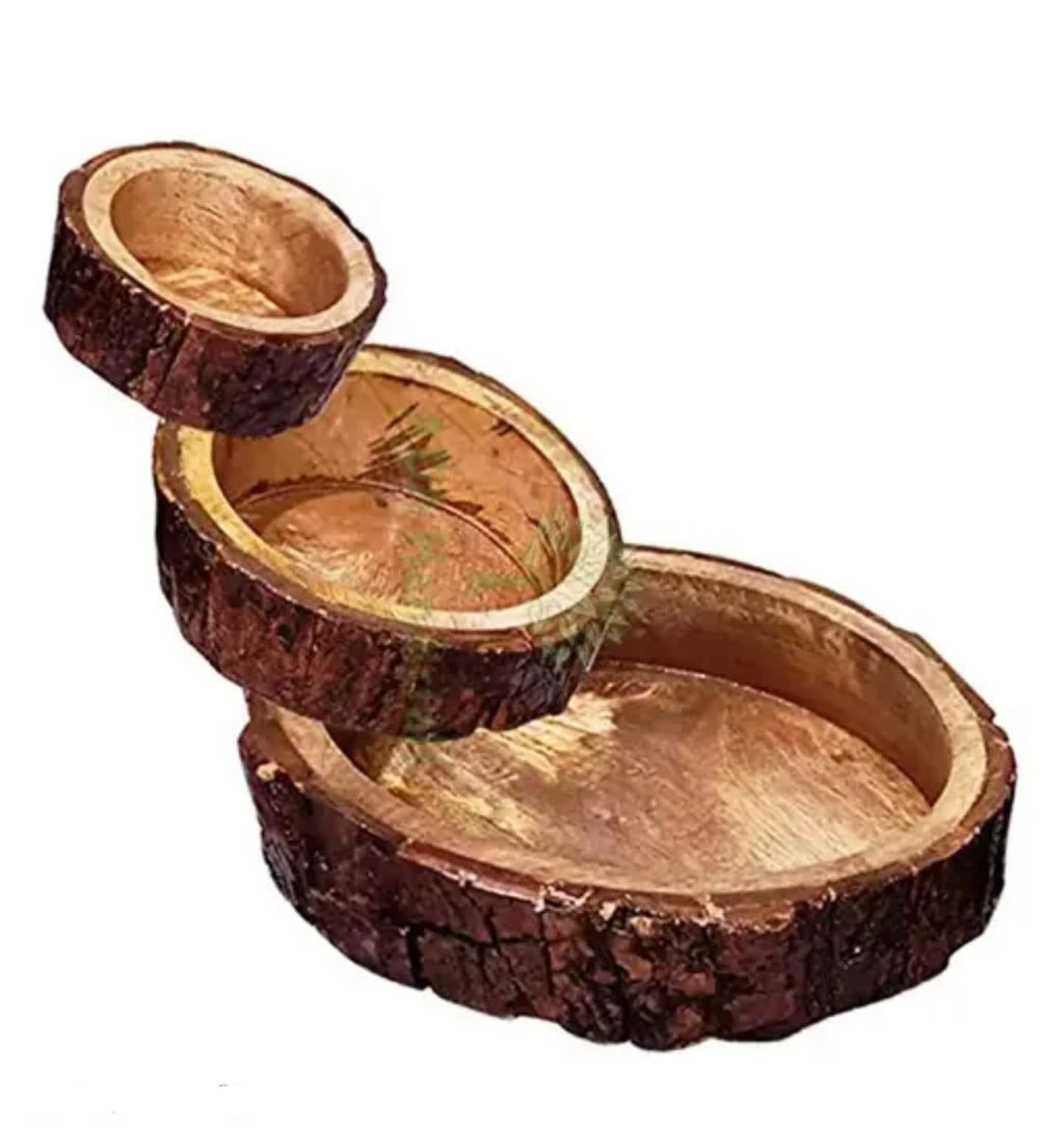Rustic Natural Wood Slice Bowl Set, Cascading 3-Tier Decorative Display, Brown Bark Edge, Handcrafted Wooden Serving Bowls