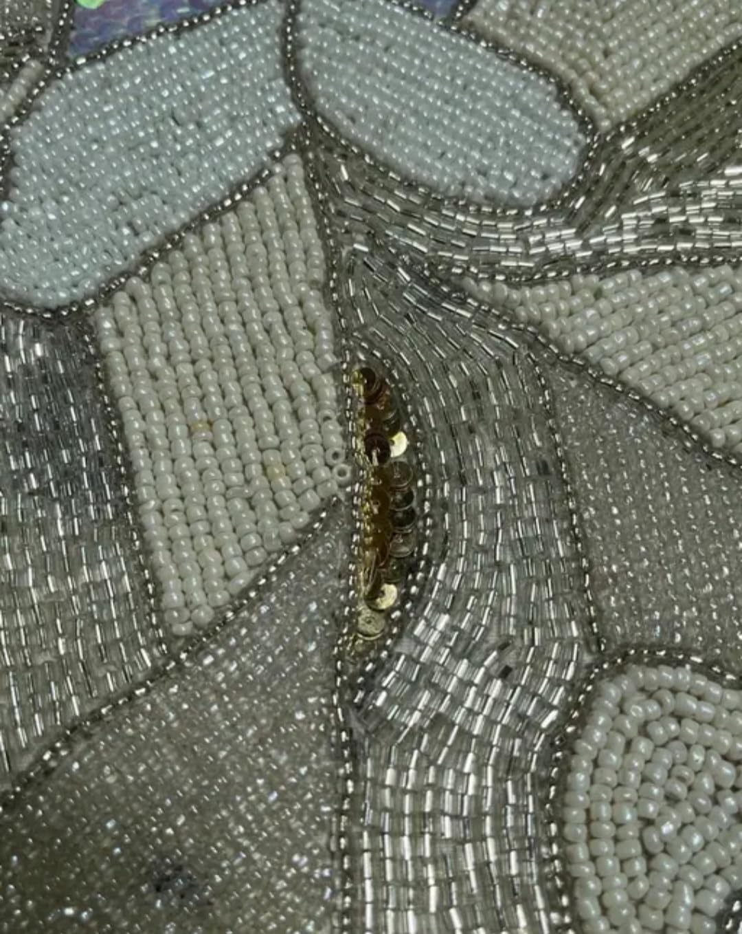 Beaded Dragonfly Decorative TableRunner, Silver with Gold and Iridescent Sequin Details, Handcrafted