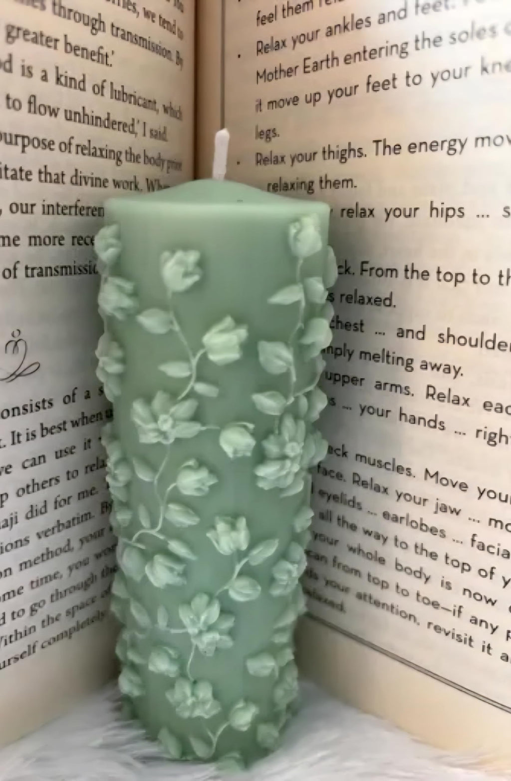 Floral Embossed Pillar Candle, Sage Green, Square Shape, Rose Vine Design, Home Decor