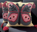 Butterfly Embroidered Throw Pillow Cover with Red Tassels, Gray and Pink, Boho Style