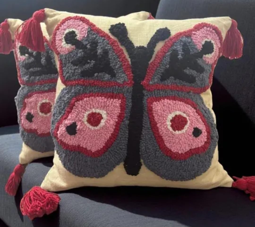 Butterfly Embroidered Throw Pillow Cover with Red Tassels, Gray and Pink, Boho Style