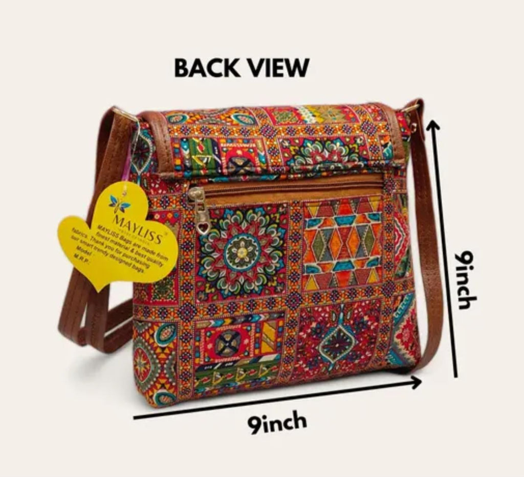Bohemian Crossbody Bag, Vintage Patchwork Design with Tassel, Brown Leather Trim, Multicolour Pattern