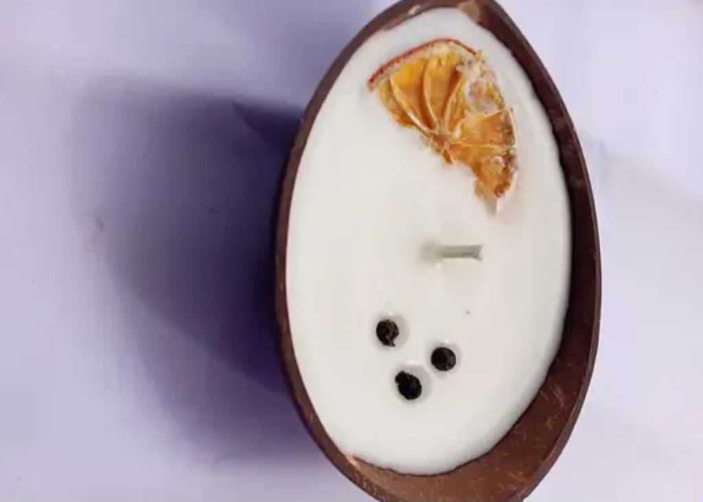 Handmade Coconut Shell Bowl candle, White Interior with Orange Fruit Design, Natural Wooden Edge, Decorative Serving Dish