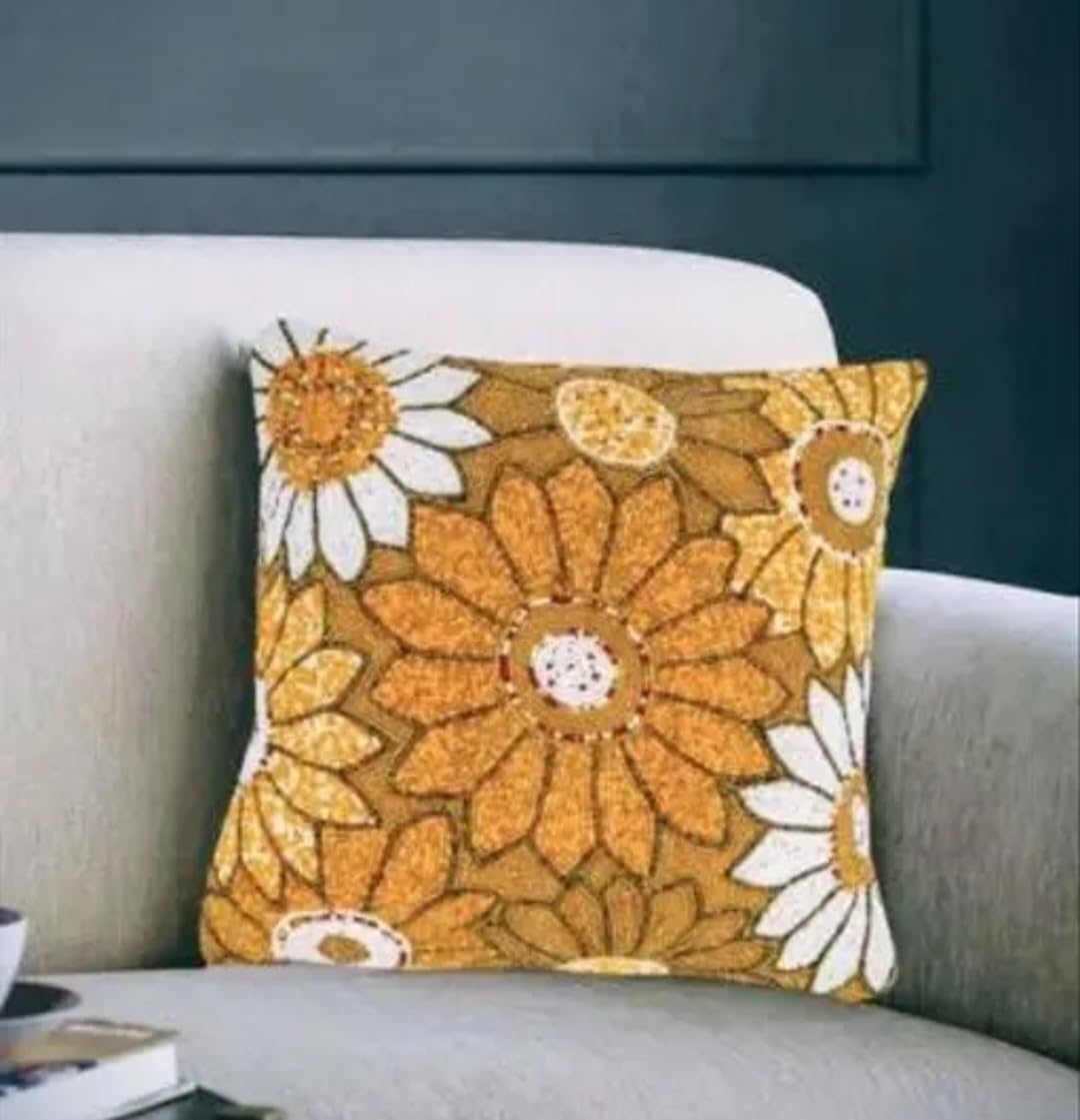 Beaded Floral Decorative Throw Pillow Cover, Yellow and White Flowers, Handcrafted Design
