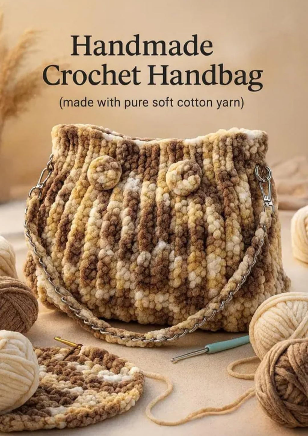 Handcrafted Crochet Crossbody Bag, Beige and Brown Checkered, Chain Strap, Boho Style