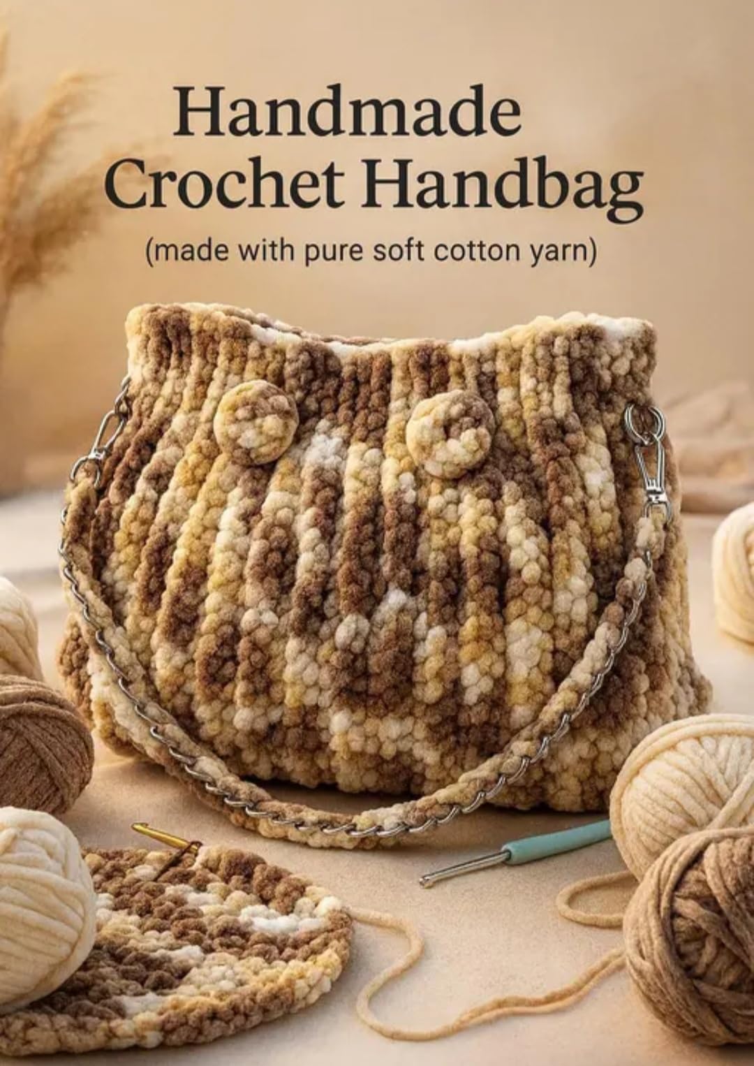 Handcrafted Crochet Crossbody Bag, Beige and Brown Checkered, Chain Strap, Boho Style