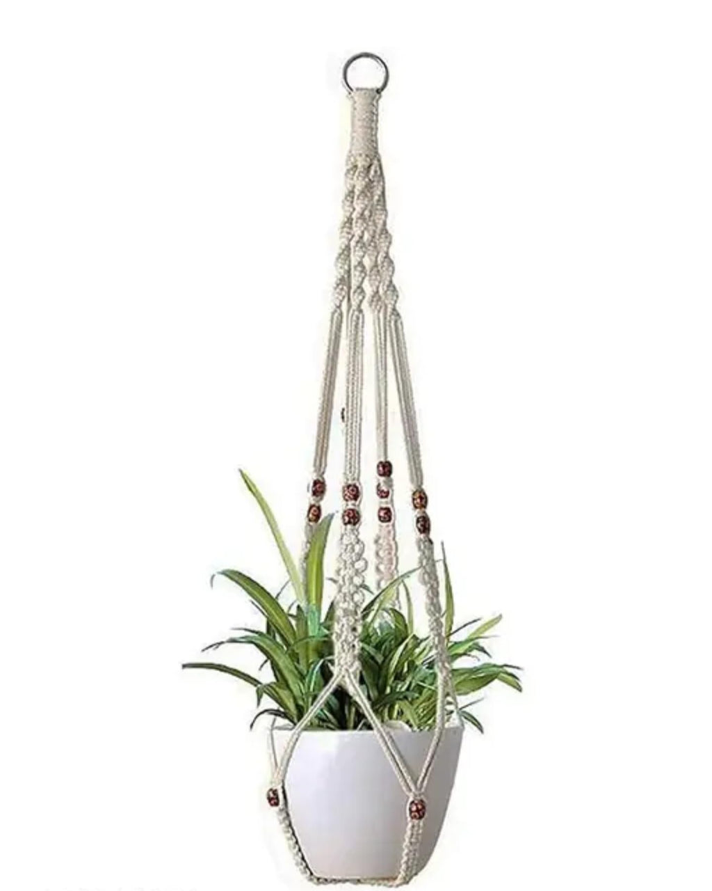 Macrame Plant Hanger with Wooden Beads, 2-Pack, Cotton Rope Hanging Planter for Indoor Plants, White