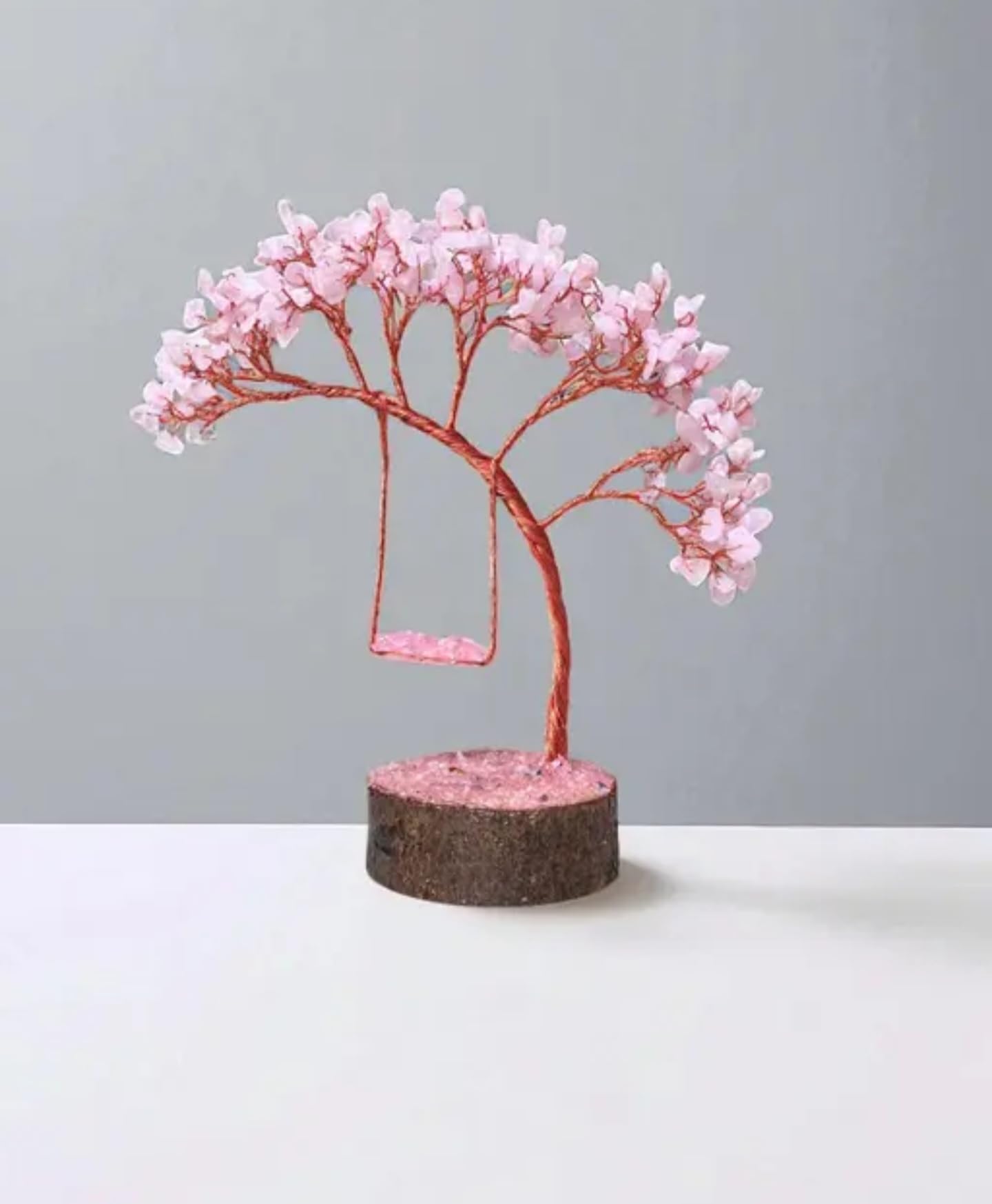 Handcrafted Rose Quartz Crystal Bonsai Tree Sculpture, Pink and Copper, Wooden Base, Decorative Gemstone Tree for Home