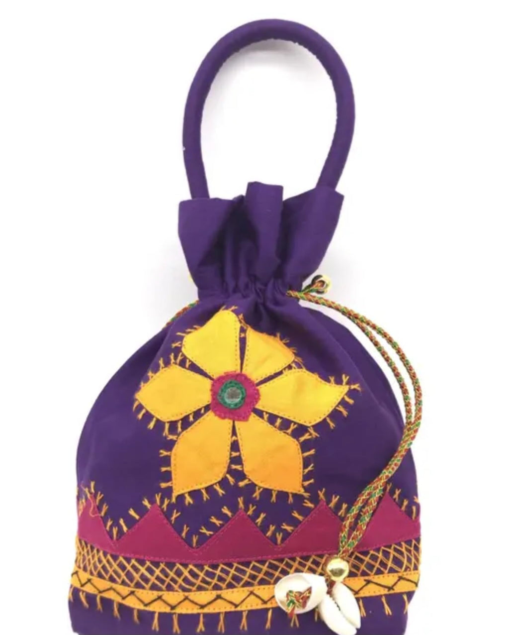 Decorative Handbag, Purple with Yellow Flower Design, Traditional Drawstring Purse, hand made, eco-friendly bag