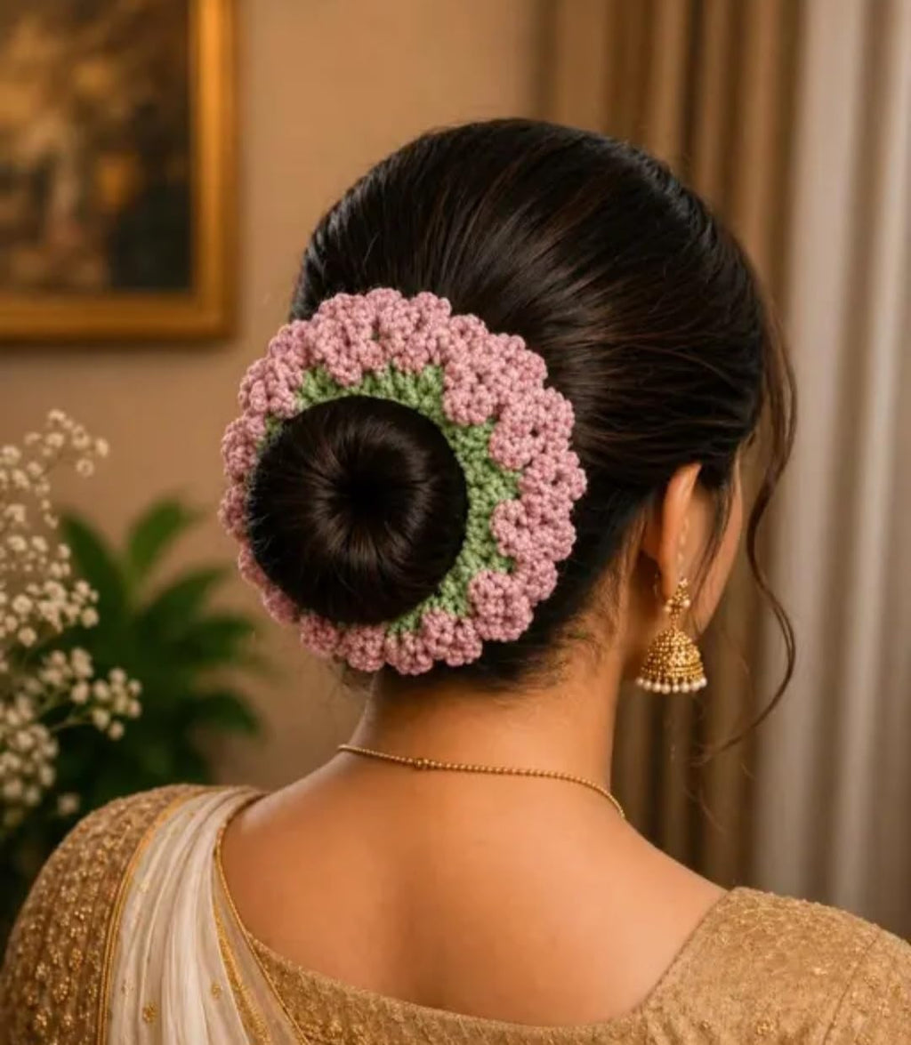 Crochet Bun Cover Hair Accessory, Pink and Green, Floral Design, for Traditional Ethnic Hairstyles