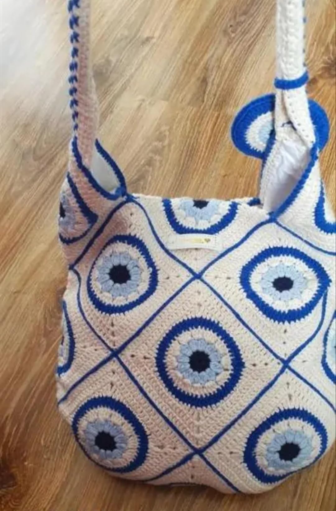Handmade Crochet Tote Bag, Blue and Beige, Evil Eye Pattern, Boho Shoulder Bag with Granny Square Design