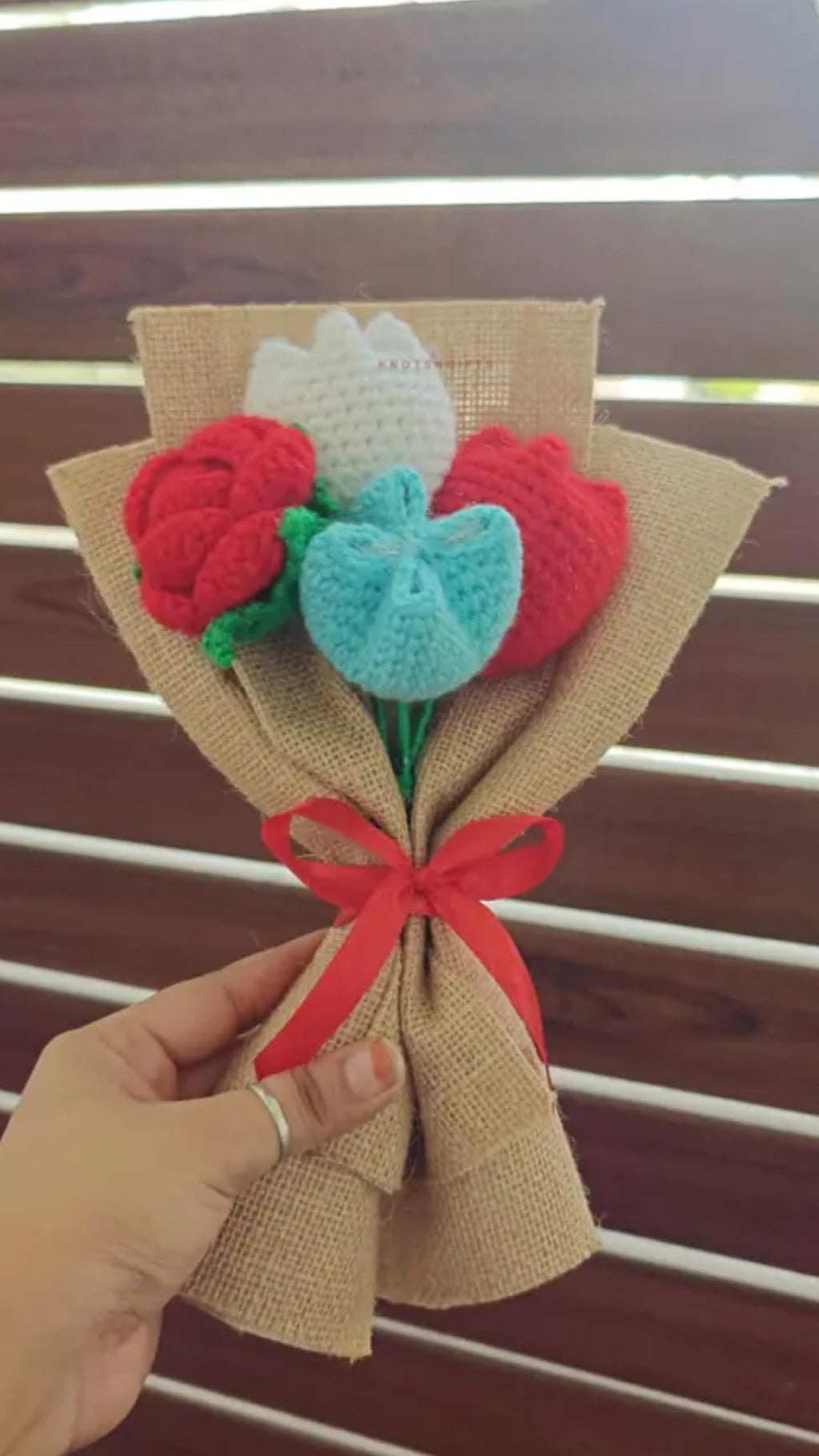 Handmade Crochet Flower Bouquet with Red and Turquoise Hearts, Burlap Wrap, Red Ribbon