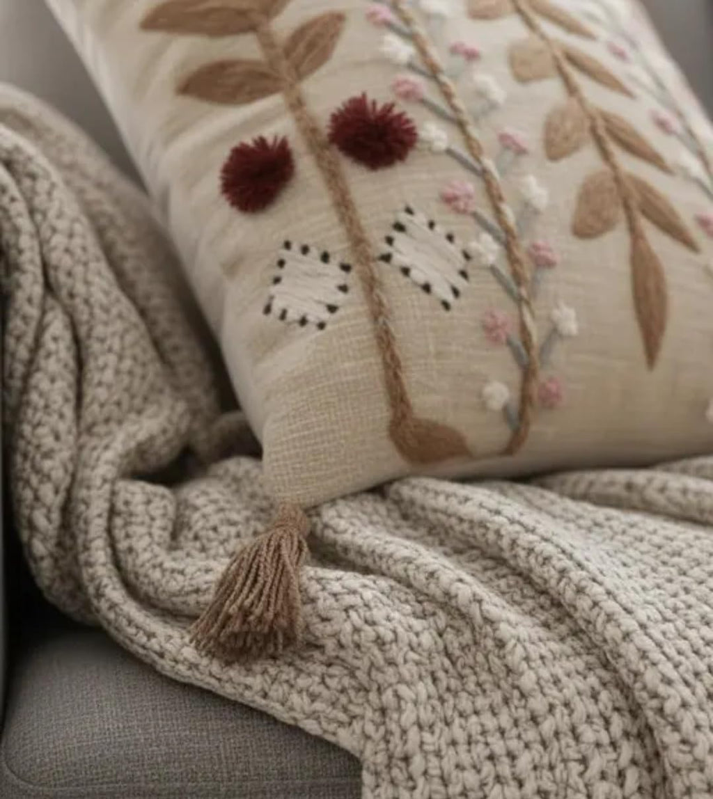 Handmade Boho Floral Embroidered Throw Pillow Cover, Beige, with Pom Pom and Tassel Detail, Decorative Cushion Cover