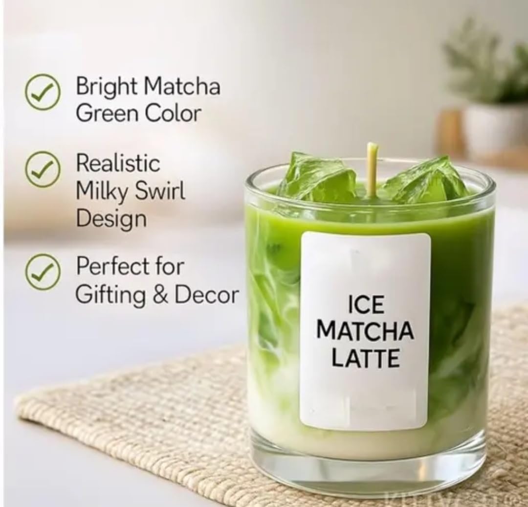 Ice Matcha Latte Candle, Green Tea Scented, Decorative Glass Jar with Realistic Design