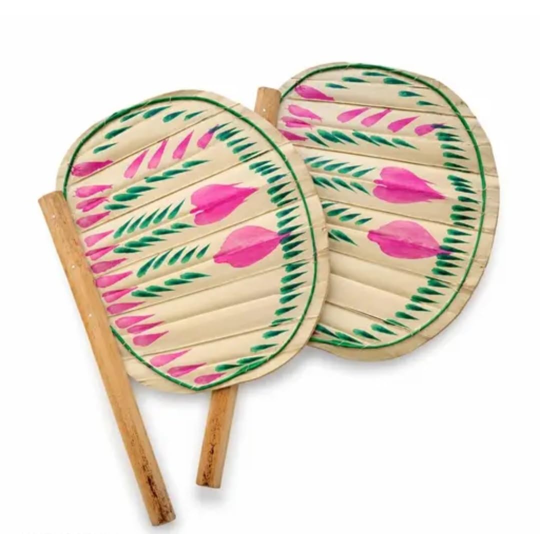 Hand-Painted Round Palm Leaf Fan with Wooden Handle, Floral Design, Set of 2