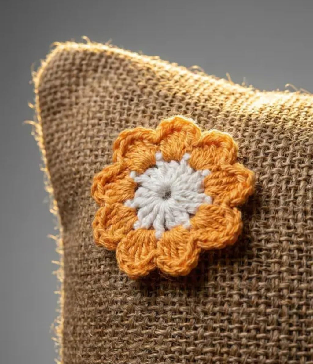 Decorative Throw Pillow Cover with Orange Crochet Flower Appliques, Beige Jute, Corner Tassels