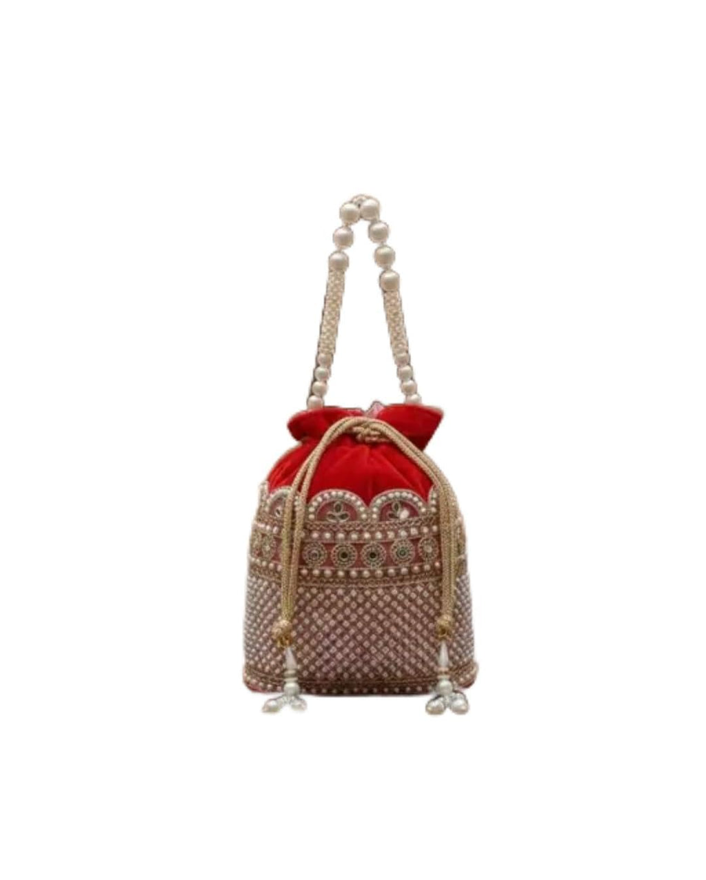 Red Velvet Potli Bag with Pearl Beaded Handle, Embellished Bridal Clutch, Indian Wedding Purse