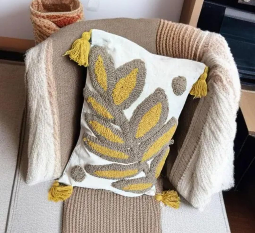 Boho Throw Pillow Cover with Tassels, Leaf Embroidered, White, Gray and Yellow, Decorative Cushion Cover