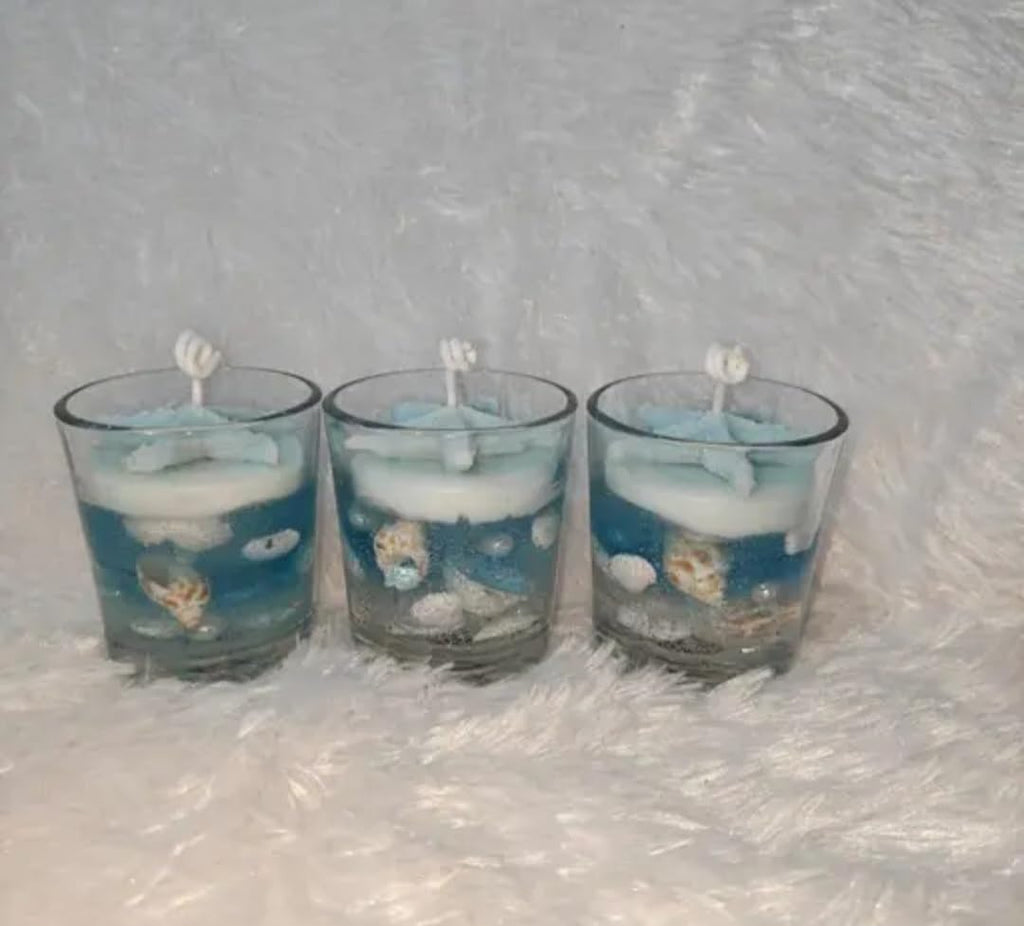 Ocean Themed Candles with Seashells, Blue and White Swirl, Glass Jar