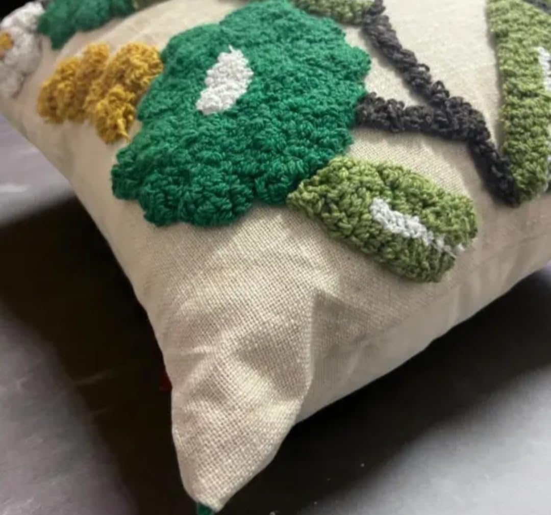 Floral Embroidered Throw Pillow Cover with Tassels, Boho Garden Tree Design, Multicolor