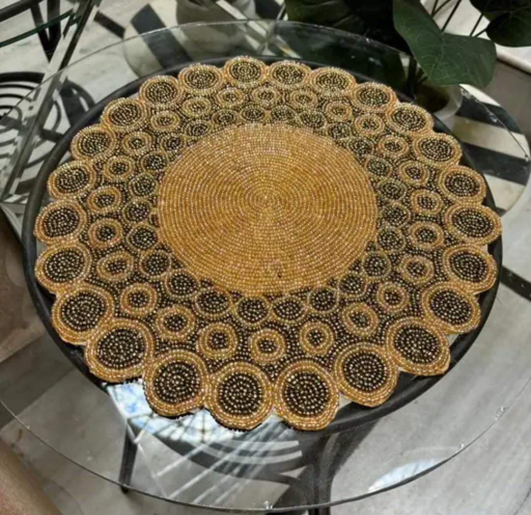 Round Beaded Placemat, Gold and Black, Decorative Table Mat, Scalloped Edge, Handcrafted