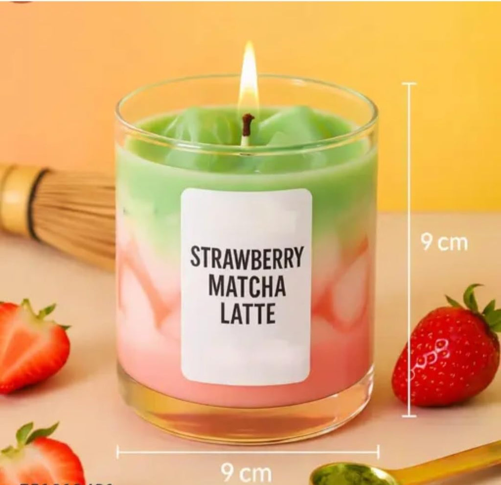 Strawberry Matcha Latte Candle, Green and Pink Layered Wax, Glass Jar, Novelty Drink-Inspired