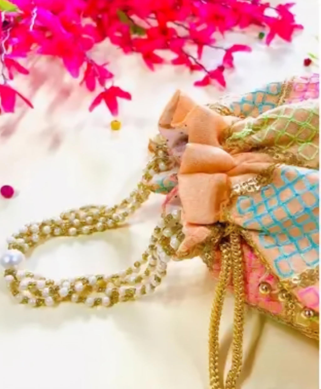 Decorative Potli Handbag, Pearl-Embellished Patchwork Design, Pink Blue Gold Multi-Colour, eco-friendly handcrafted Handbag