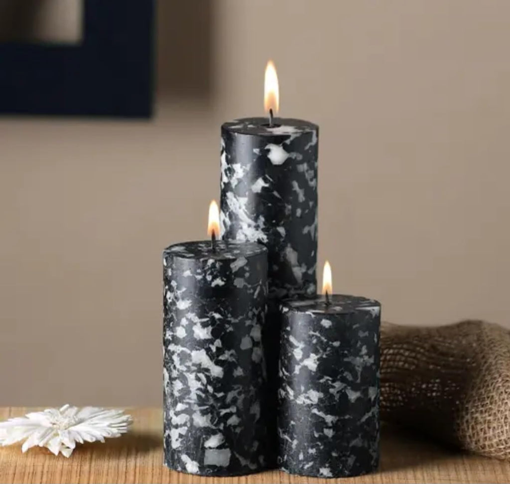 Marble Effect Pillar Candles Set, Black and White, 3 Different Heights, Decorative
